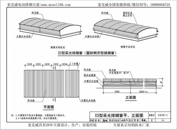 23CJ87-1采光、通風、消防排煙天窗（一）中III型側開式圓拱型電動采光排煙天窗